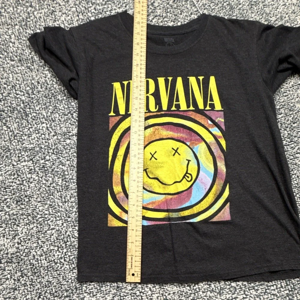Vtg Nirvana Black Spiral Graphic T-Shirt Smiley Face Logo Short Sleeve Size S